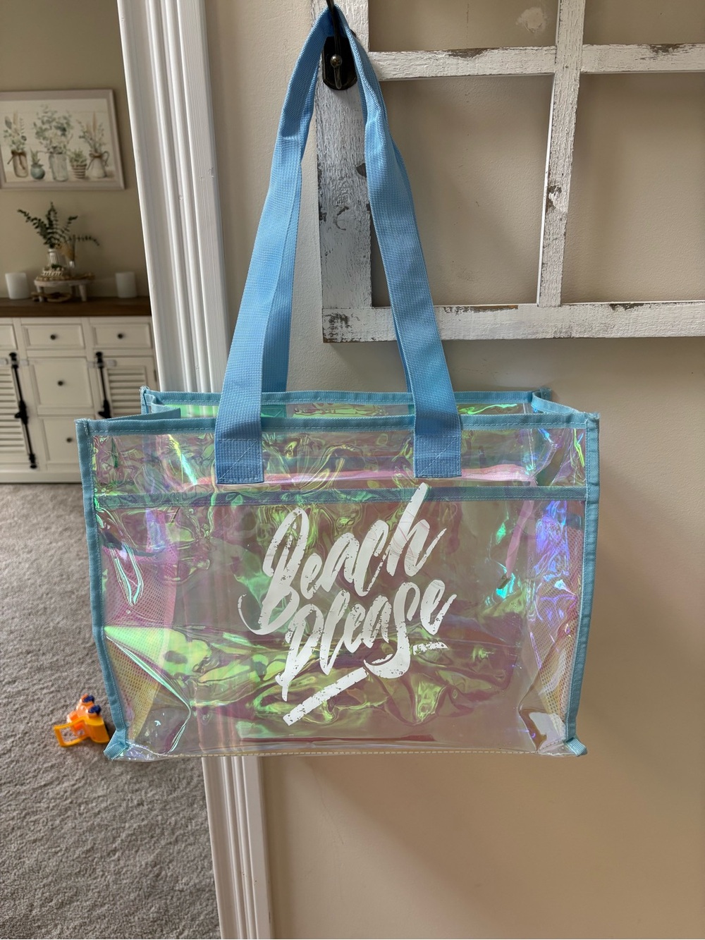 Amazon Iridescent Clear Tote Bag with Blue Handles - 'Beach Please'